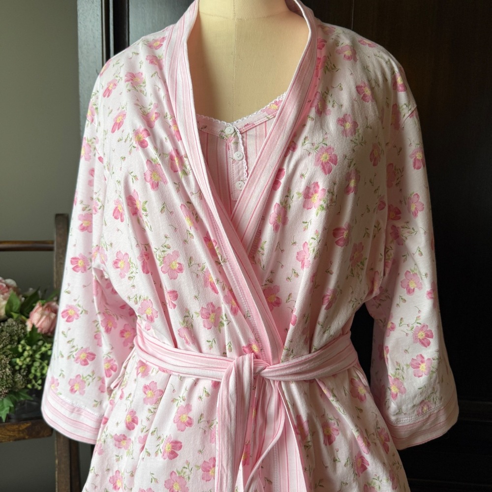 Aria SET 100% Cotton Robe Nightgown Floral Tie Front Soft Pink L Cottagecore